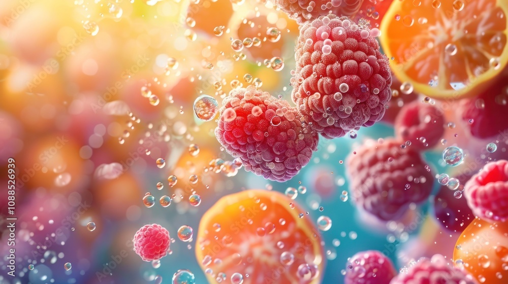 A vibrant image of nanotechnology being used to enhance the texture and flavor of processed foods, with nanoparticles improving mouthfeel and taste, illustrating innovation in the food industry A vibrant image of nanotechnology being used to enhance the texture and flavor of processed foods, with nanoparticles improving mouthfeel and taste, illustrating innovation in the food industry