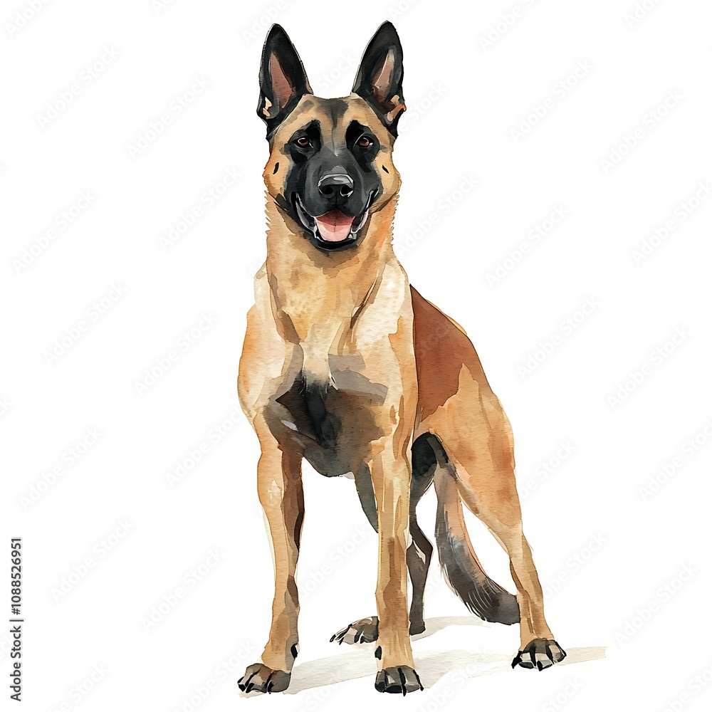 Watercolor Painting of a Belgian Malinois Dog, Canine Portrait in Artistic Style. Watercolor Painting of a Belgian Malinois Dog, Canine Portrait in Artistic Style.