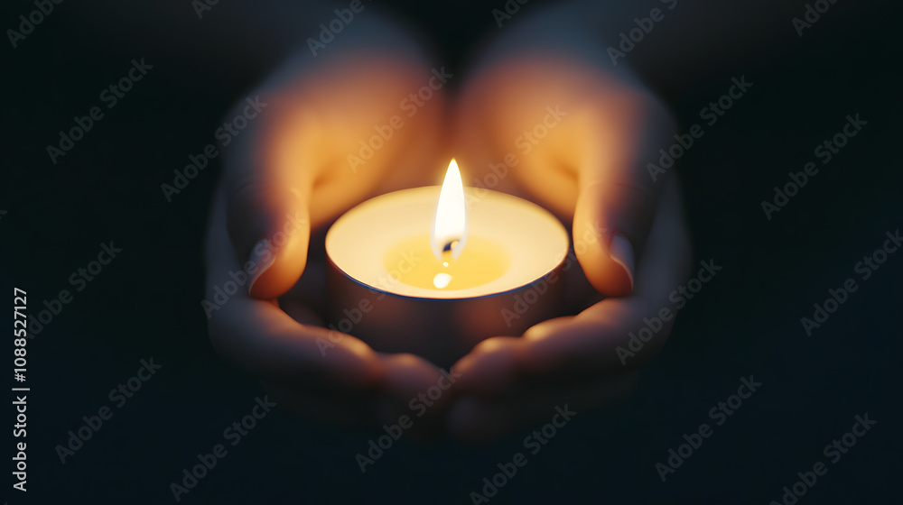 close up of person holding lit candle in dark, creating warm and serene atmosphere. gentle glow of flame illuminates hands, evoking sense of calm and reflection close up of person holding lit candle in dark, creating warm and serene atmosphere. gentle glow of flame illuminates hands, evoking sense of calm and reflection