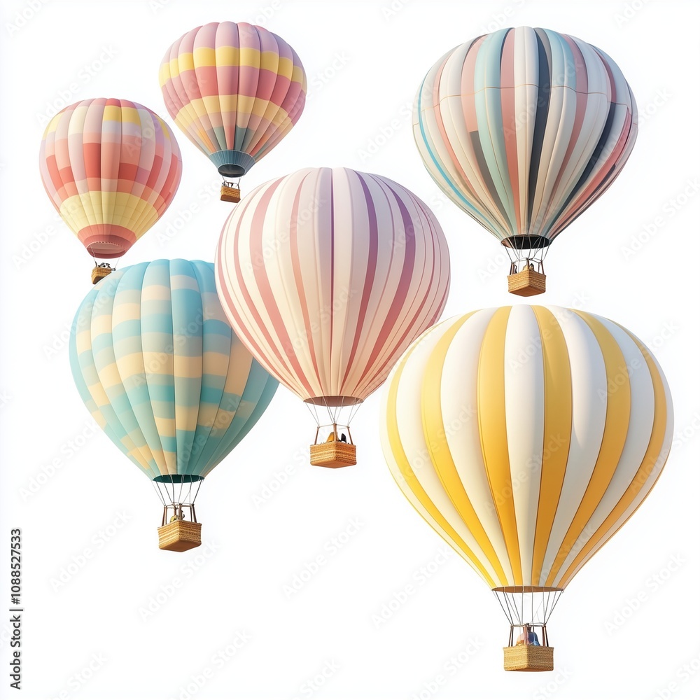 Naklejka premium Hot air balloons of a cluster of hot air balloons in pastel shades, soaring gently, isolated on white.