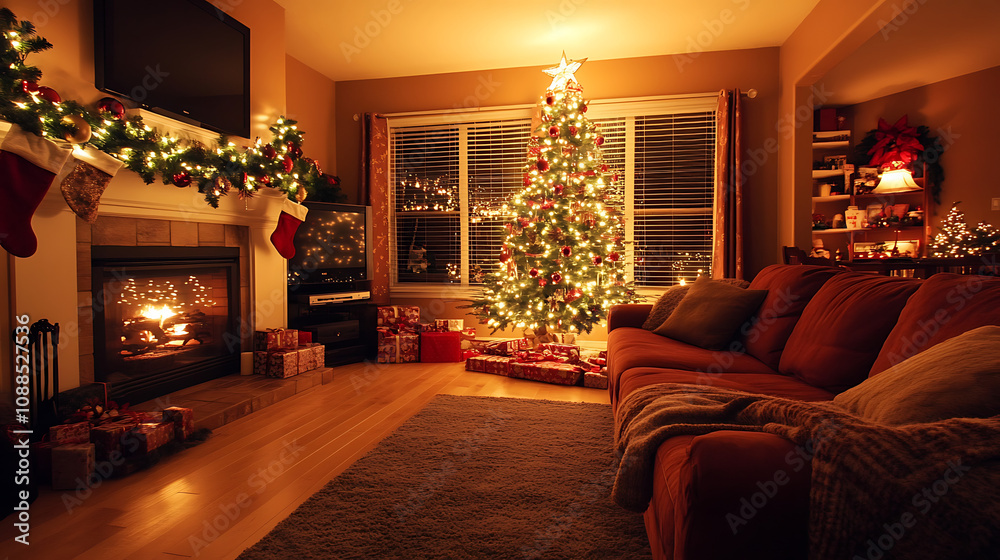 A warm and inviting living room featuring a plush sofa, soft blankets, and a decorated Christmas tree in the corner A warm and inviting living room featuring a plush sofa, soft blankets, and a decorated Christmas tree in the corner