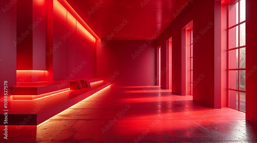 Red Room Interior 3D Illustration with Windows and Lighting Red Room Interior 3D Illustration with Windows and Lighting