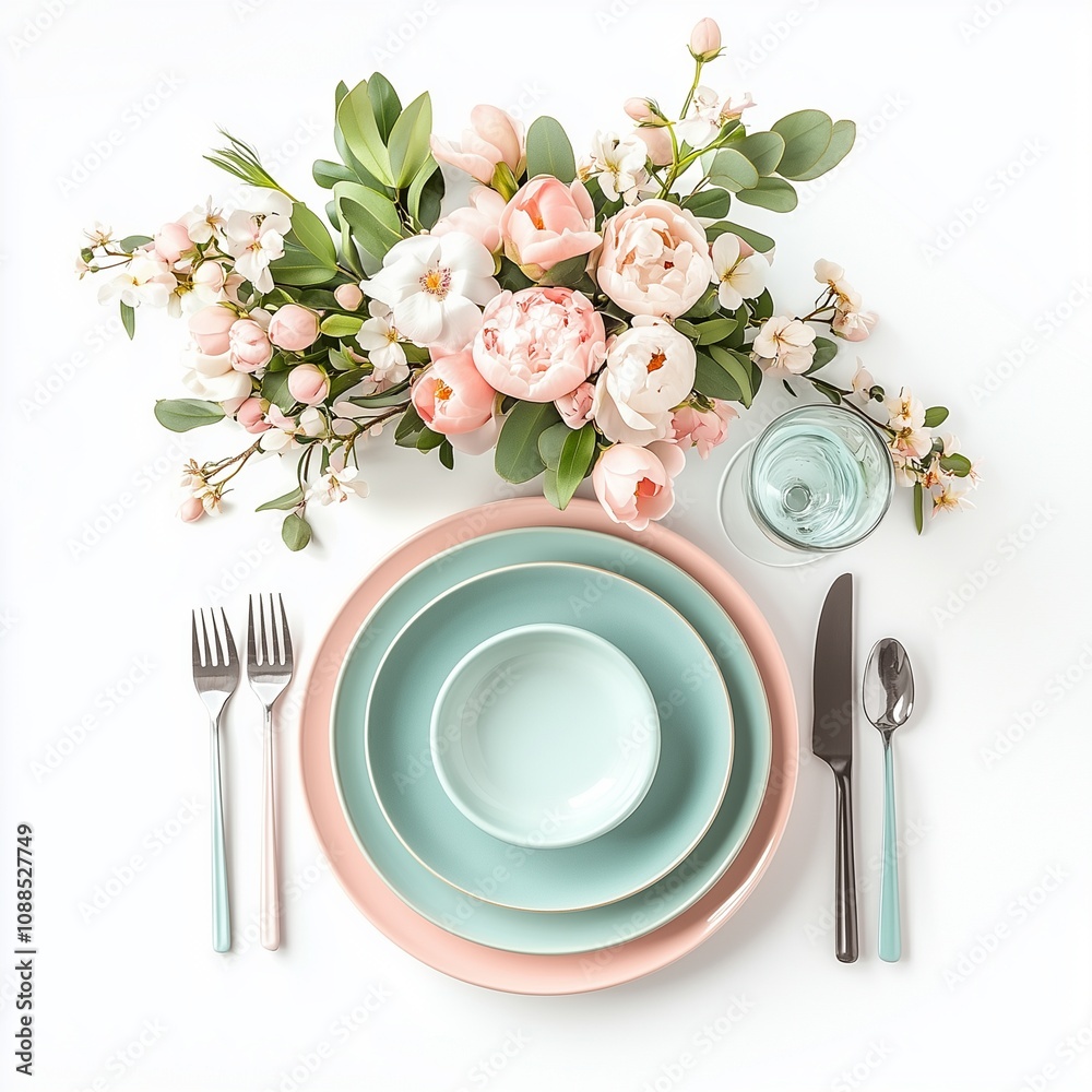 Spring decorations of a table setting with pastel plates, cutlery, and spring flower arrangements, isolated on white. Spring decorations of a table setting with pastel plates, cutlery, and spring flower arrangements, isolated on white.
