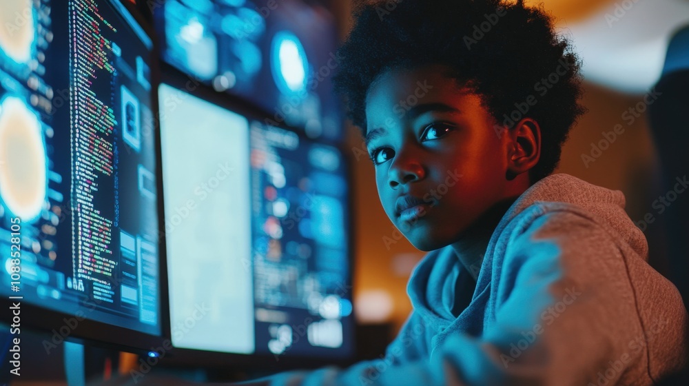Young Boy Gazing at a Computer Screen with Code Visible Young Boy Gazing at a Computer Screen with Code Visible