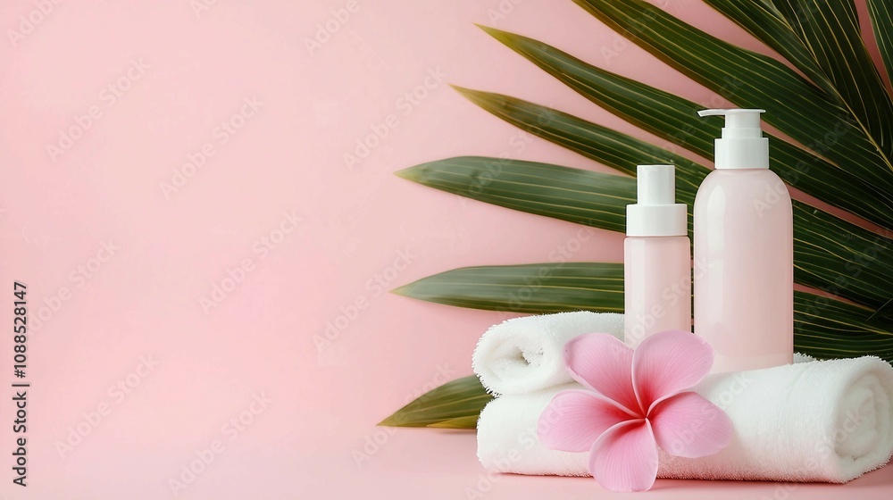 Elegant arrangement of pink skincare bottles, white towels, lush green palm leaves, and a beautiful flower on a soft pink background for wellness promotion Elegant arrangement of pink skincare bottles, white towels, lush green palm leaves, and a beautiful flower on a soft pink background for wellness promotion