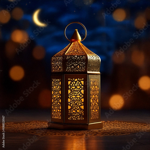 Traditional Arabic lanterns illuminated with intricate patterns, in square format and high resolution by AI; conceptualizing Middle Eastern cultural heritage, Ramadan celebrations and Islamic motifs. photo