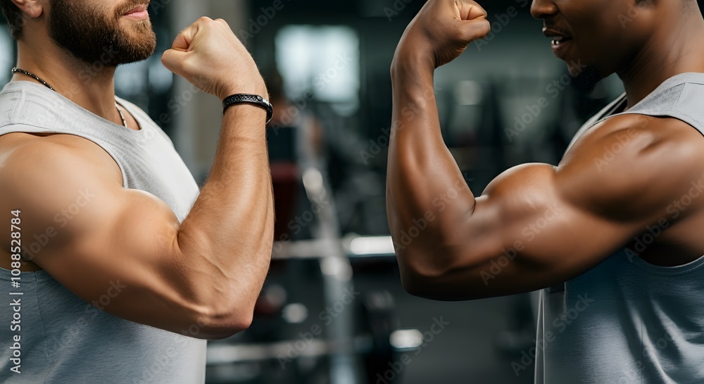 Two handsome and muscular men showing biceps in gym Two handsome and muscular men showing biceps in gym