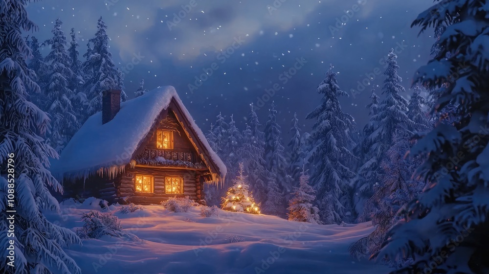 Naklejka premium Cozy cabin in a snowy forest at night with glowing lights.