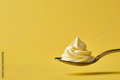 Creamy yellow sauce dollop on metallic spoon against vibrant yellow background, perfect for culinary and food-related themes in marketing and design projects. photo