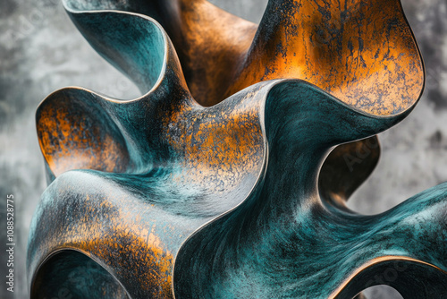 Copper sculpture: intricate whirlpool, gleaming under sunlight, capturing movement and grace in its fluid form. photo