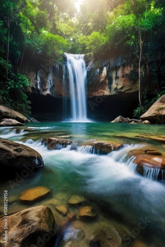 Panoramic beautiful deep forest waterfall in Thailand - generative ai