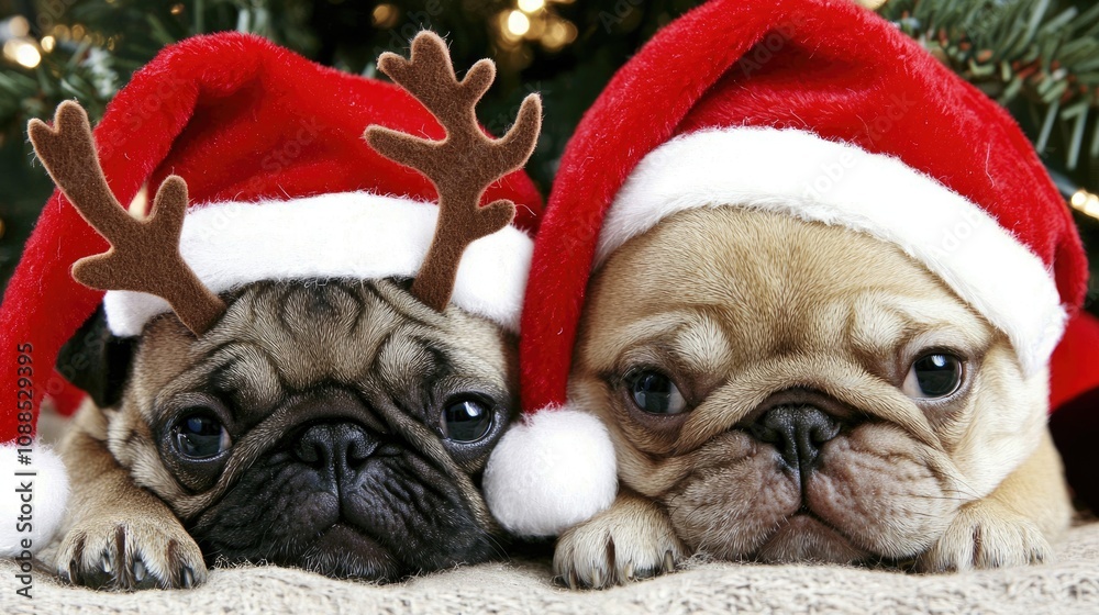 Two pugs wearing festive hats resting together. Two pugs wearing festive hats resting together.
