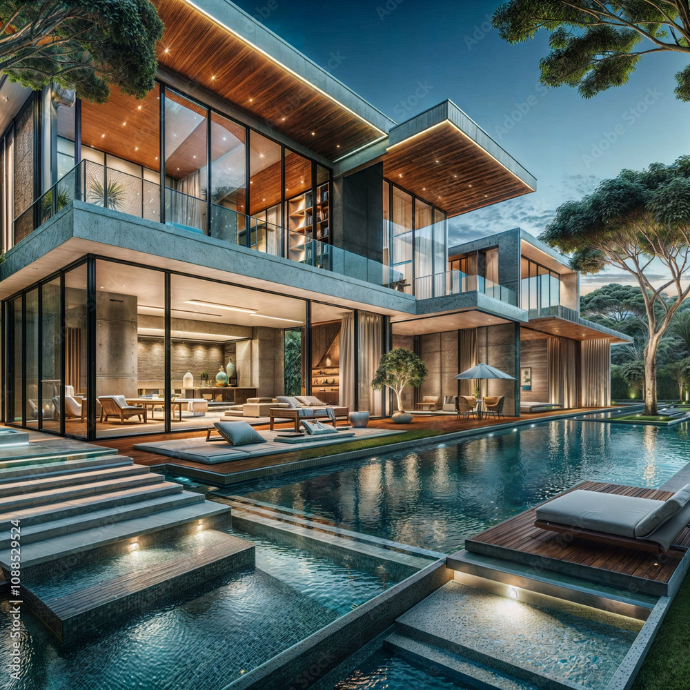 Fototapeta premium Architecture image of luxury modern design home backyard pool. Generative AI.