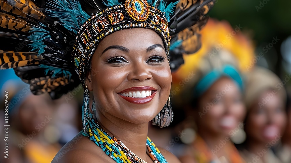 Vibrant and Smiling Portrait of a Woman Wearing a Colorful Feathered Carnival Costume and Headdress Ethnic Traditional and Festive Concept Vibrant and Smiling Portrait of a Woman Wearing a Colorful Feathered Carnival Costume and Headdress Ethnic Traditional and Festive Concept