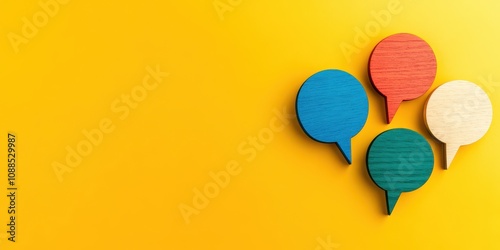 Colorful Wooden Speech Bubbles on Yellow Background, Representing Communication and Ideas