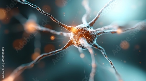 Glowing Neuron Synapse in Abstract Futuristic Brain Network  Visualizing the interconnected electrical signals and neural activity within the complex biological structure of the human brain photo