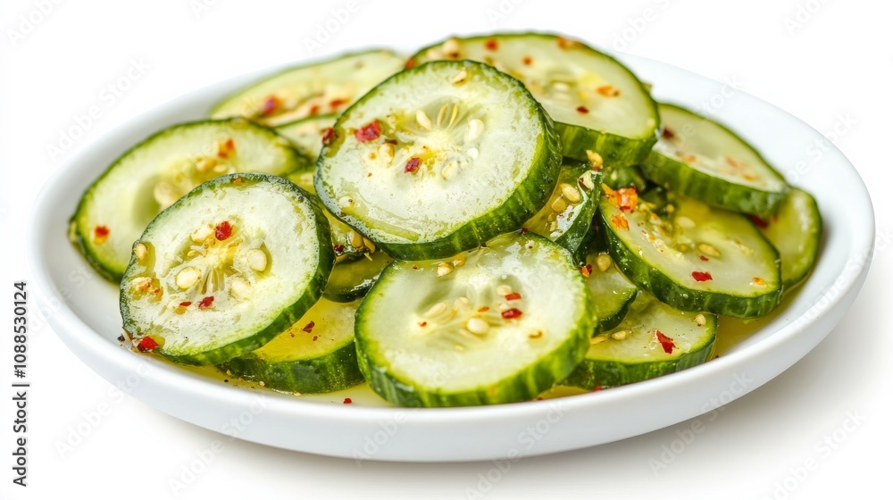 A plate of tangy quick-pickled cucumbers, thinly sliced and marinated in vinegar, sugar