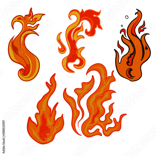 set of burning fire elements