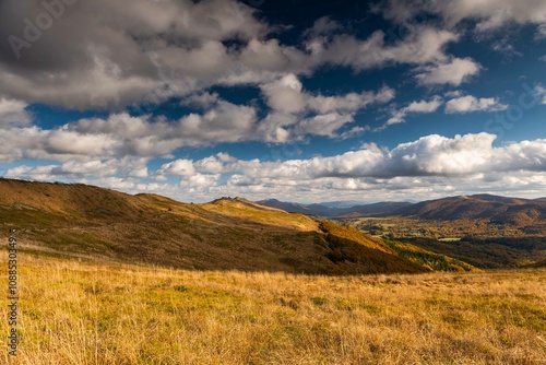 Fototapeta Naklejka Na Ścianę i Meble -  Sunlit Valleys and Shadows in Bieszczady’s Fall