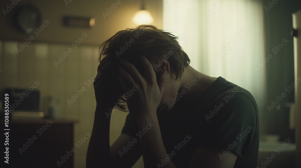Person sitting alone in a dimly lit room, holding their head in distress, with a blurred background emphasizing emotional struggle and isolation. Person sitting alone in a dimly lit room, holding their head in distress, with a blurred background emphasizing emotional struggle and isolation.