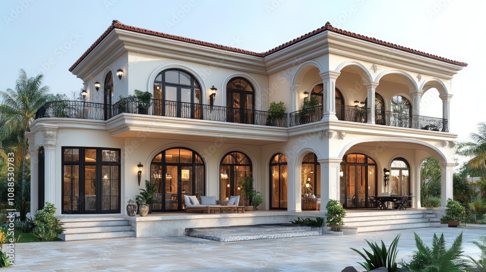Elegant villa with arched balconies and lush landscaping. Elegant villa with arched balconies and lush landscaping.