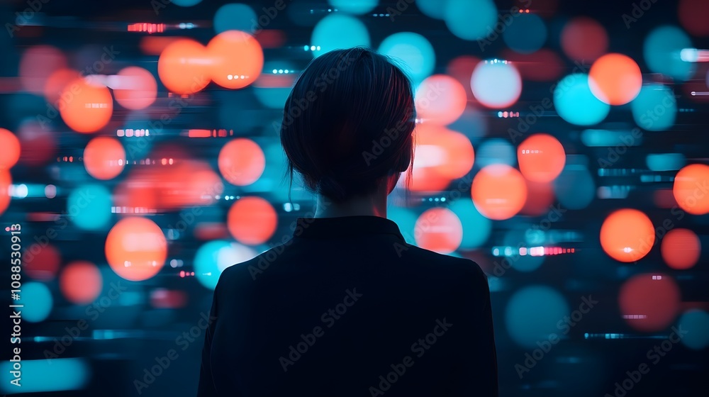 Woman Facing Digital Data Stream Woman Facing Digital Data Stream