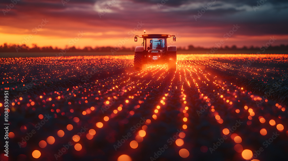 A futuristic tractor equipped with holographic displays and robotic arms, showcasing advanced agricultural technology. The scene highlights innovation in farming machinery, combining futuristic design A futuristic tractor equipped with holographic displays and robotic arms, showcasing advanced agricultural technology. The scene highlights innovation in farming machinery, combining futuristic design