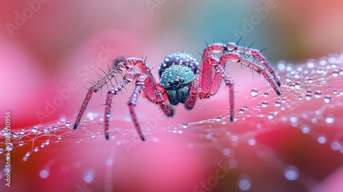 A Dew-Covered Spider on a Web
