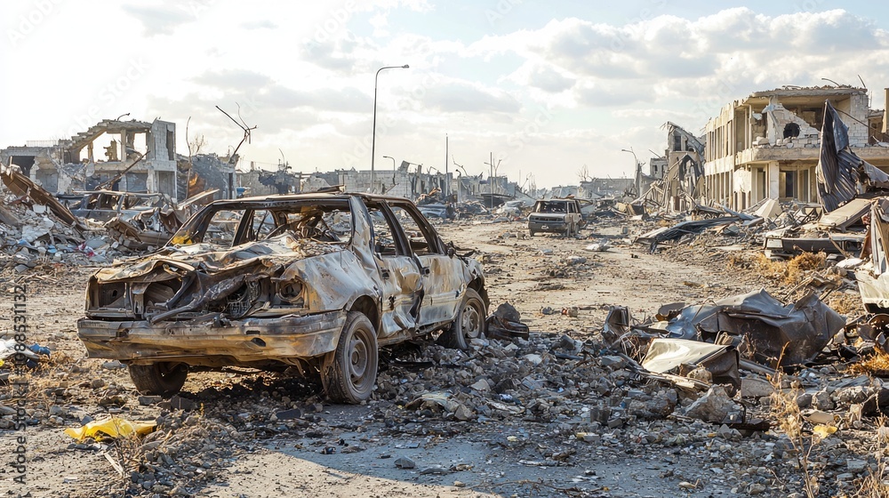 Fototapeta premium Desolate landscape with a burned car and ruined buildings.