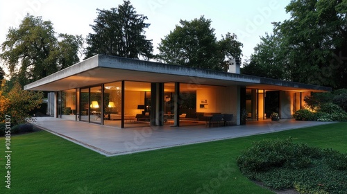 Modern home with flat roof, clean concrete and glass design, minimalist garden 