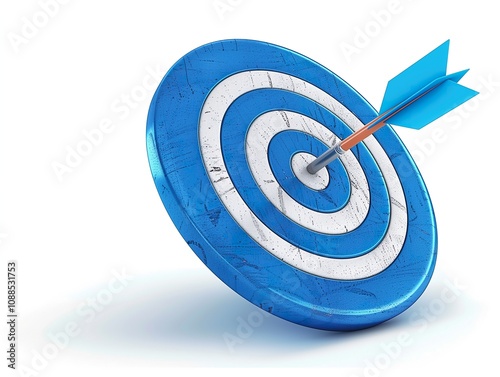 A 3D render of a blue and white target with an arrow piercing its bullseye. The target shows signs of wear.