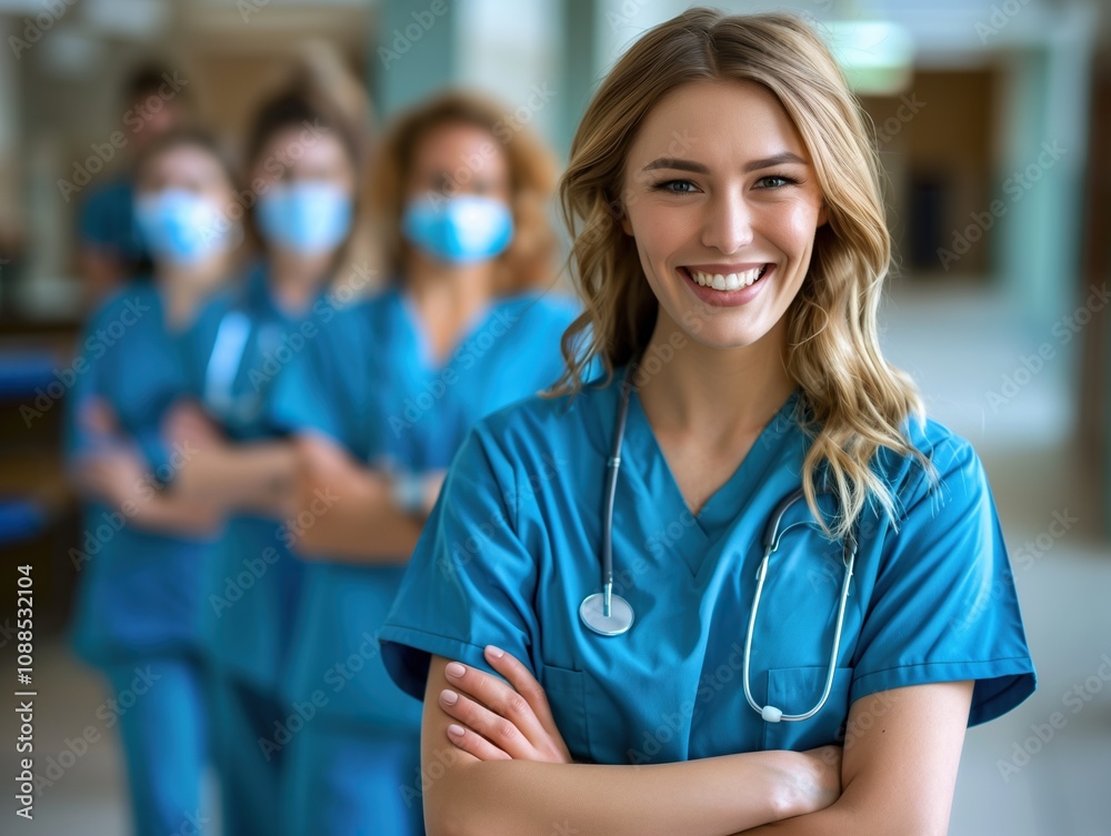 A smiling female nurse in scrubs with a stethoscope, standing with two colleagues in the background A smiling female nurse in scrubs with a stethoscope, standing with two colleagues in the background