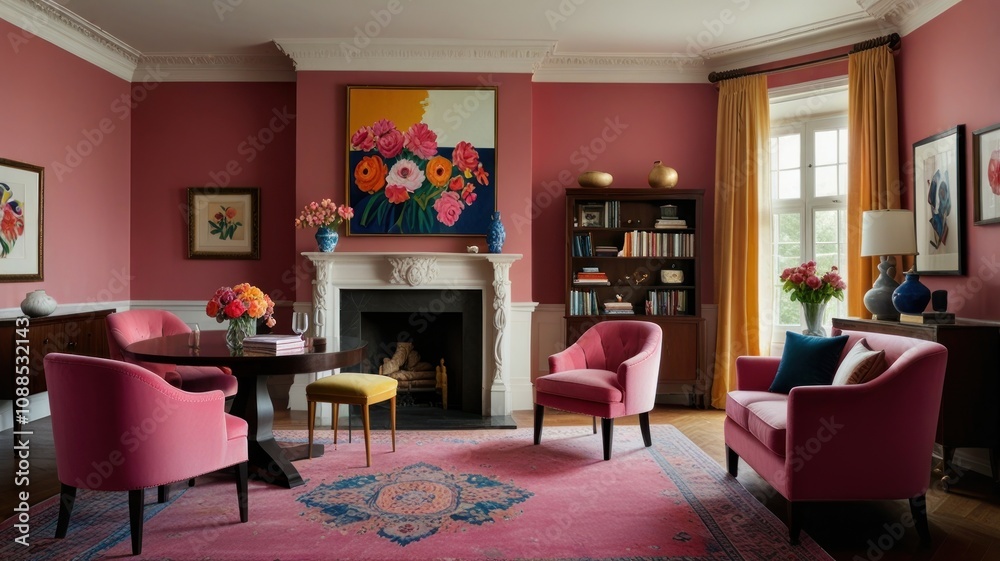 Elegant living room with pink walls, floral artwork, and plush seating. Elegant living room with pink walls, floral artwork, and plush seating.