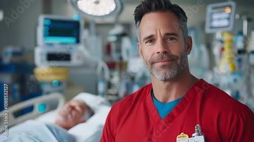 Experienced male doctor in red scrubs providing medical care and treatment to patient lying in hospital bed  Healthcare professional offering expertise and assistance in clinical hospital setting