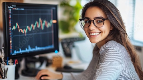 Smiling Young Businesswoman with Glasses Sitting at Desk, Using Laptop for Work in Modern Office  photo