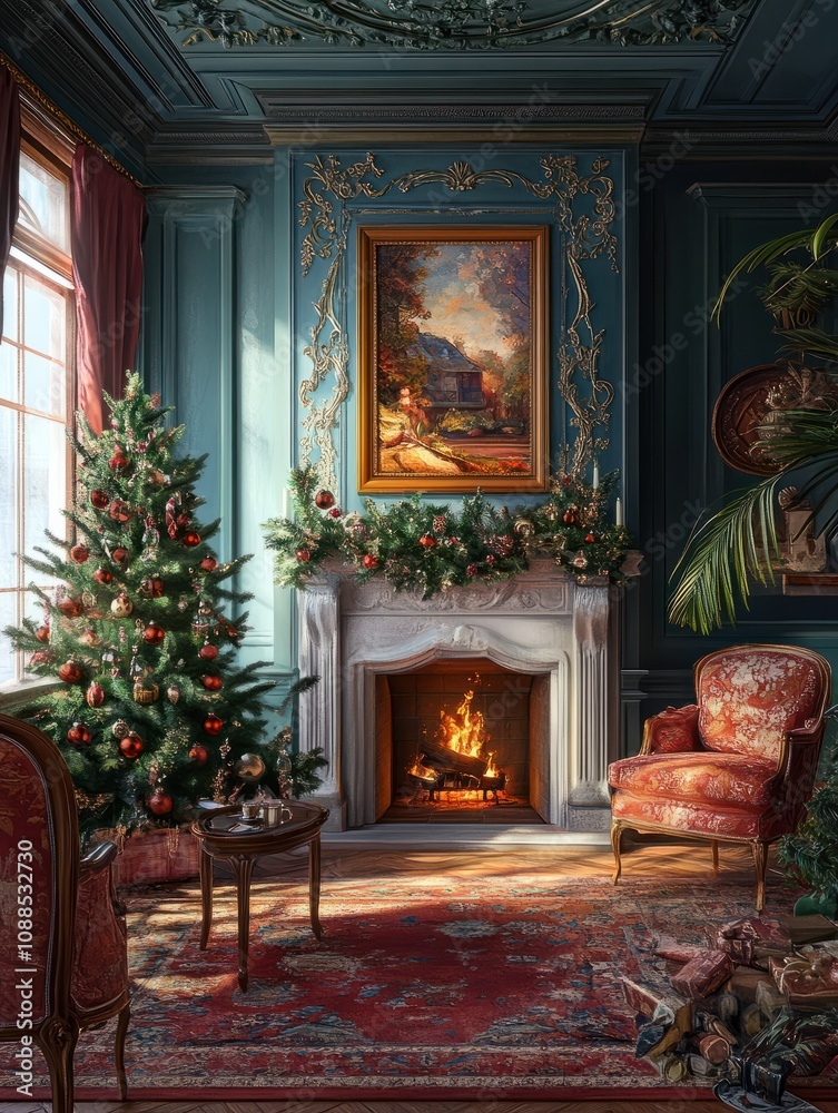Room with christmas tree by fireplace illustration Room with christmas tree by fireplace illustration
