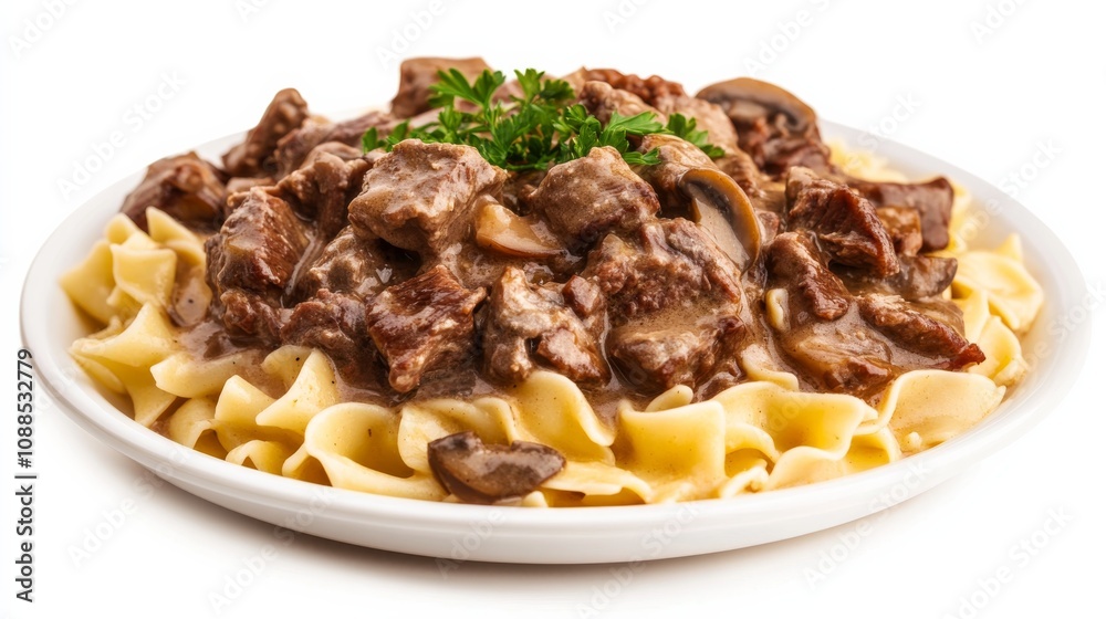 A plate of tender beef stroganoff served over a bed of egg noodles, Each bite filled with succulent beef strips in a creamy mushroom sauce A plate of tender beef stroganoff served over a bed of egg noodles, Each bite filled with succulent beef strips in a creamy mushroom sauce