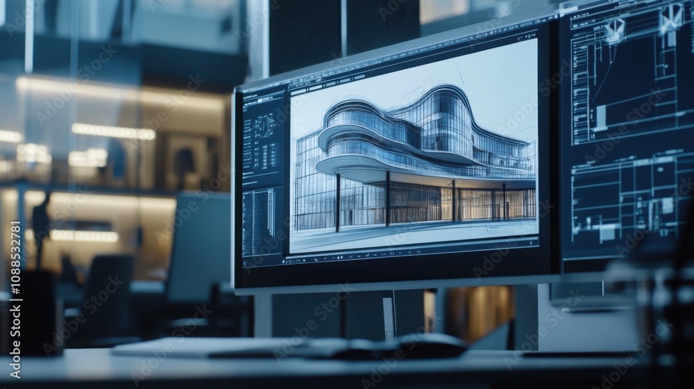 architectural sketches and computer screens showing building designs, modern workspace architectural sketches and computer screens showing building designs, modern workspace