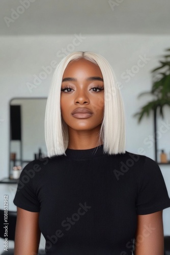 Fashion model posing with platinum blonde bob hairstyle and trendy makeup