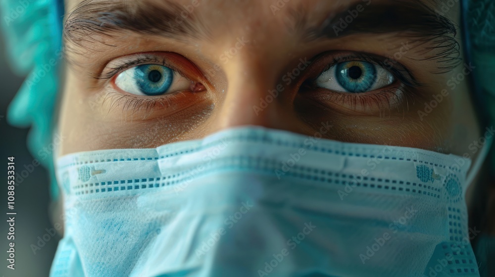 Close-up of a professional wearing a high-quality medical face mask in a clinic Close-up of a professional wearing a high-quality medical face mask in a clinic