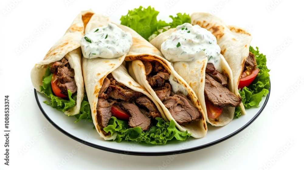 A plate of tender lamb gyros with tzatziki sauce, lettuce, and tomatoes wrapped in warm pita bread A plate of tender lamb gyros with tzatziki sauce, lettuce, and tomatoes wrapped in warm pita bread