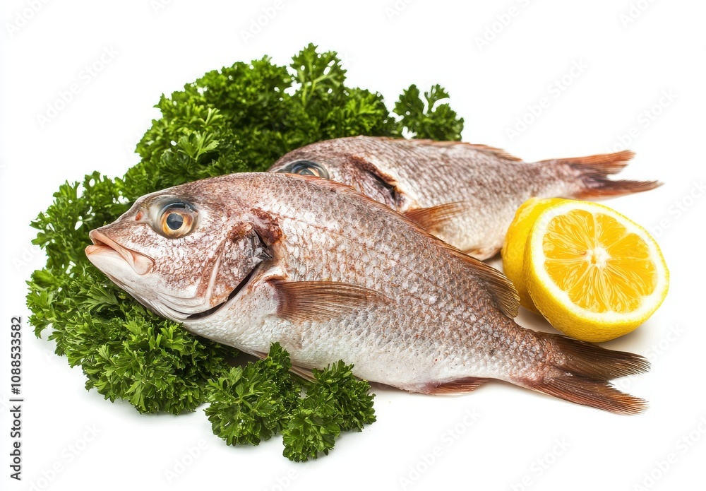 Freshly Caught Whole Fish Garnished with Vibrant Parsley and Bright Lemon Slices on a White Background Ready for Culinary Presentation or Recipe Use Freshly Caught Whole Fish Garnished with Vibrant Parsley and Bright Lemon Slices on a White Background Ready for Culinary Presentation or Recipe Use