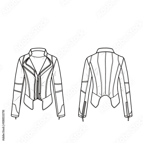 Women's biker jacket with dual lapel collar and zip placket, detachable hem, line art, flat sketch. Suitable for your biker jacket, editable color, and stroke. Isolated on a white background