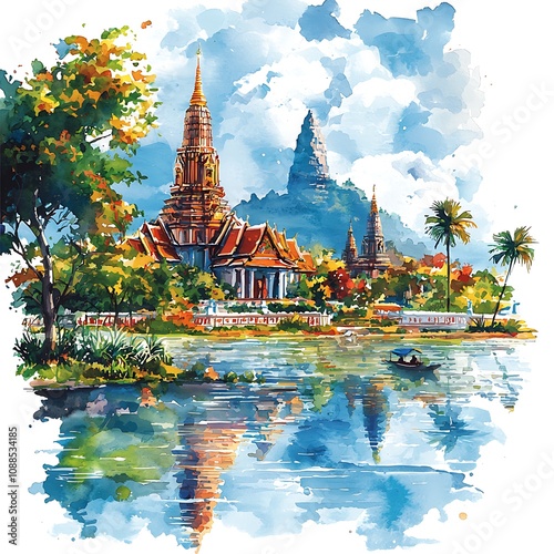 Watercolor Painting of Wat Arun Ratchawararam Ratchawaramahawihan in Bangkok, Thailand. A serene depiction of the temple reflected in the tranquil waters. photo