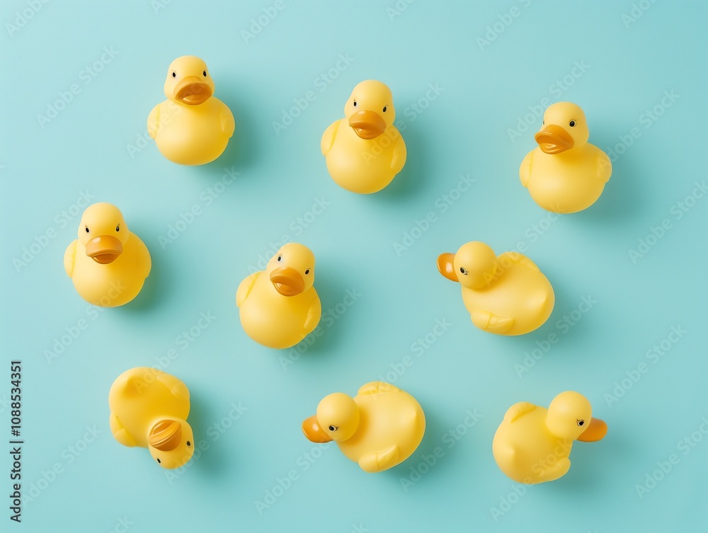 Multiple yellow rubber duck bath toys arranged on a light blue background. Multiple yellow rubber duck bath toys arranged on a light blue background.
