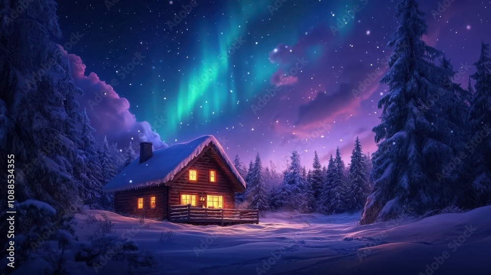 Fototapeta premium Romantic Winter Wonderland: A Cozy Snowy Cabin Embraced by Nature's Serene Beauty