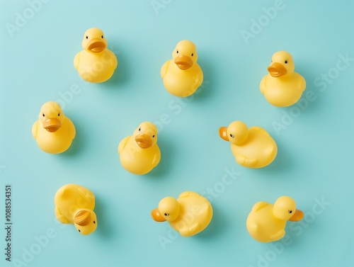 Multiple yellow rubber duck bath toys arranged on a light blue background. photo