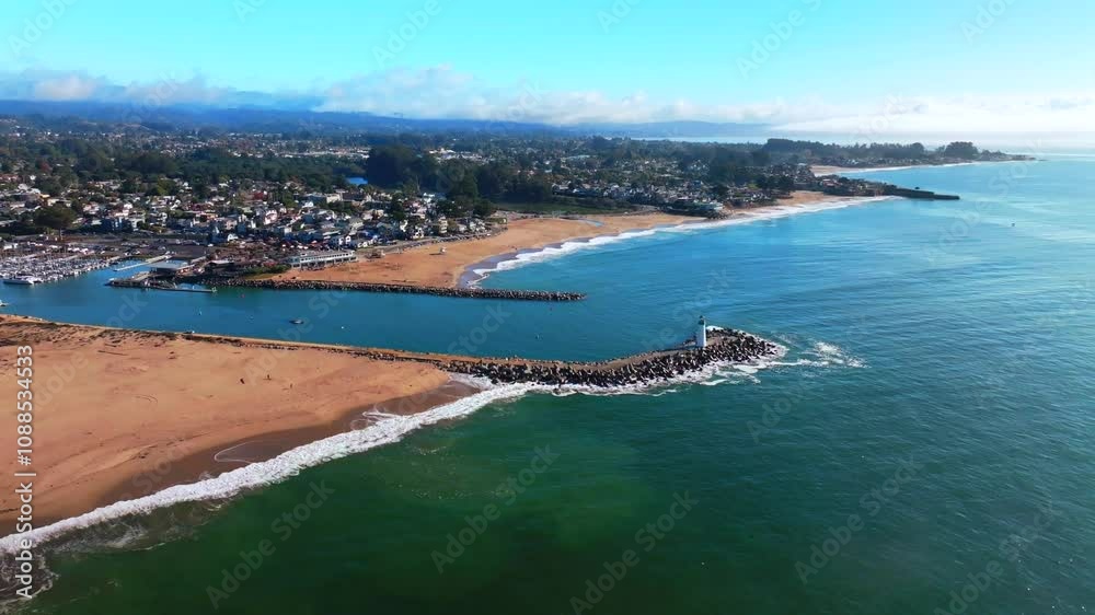 Pleasure Point SeaBright Blacks Beach Walton Lighthouse Monterey Bay Santa Cruz California aerial drone scenic landscape deep blue surf waves sand Pacific Ocean morning blue sky mist fog backwards up