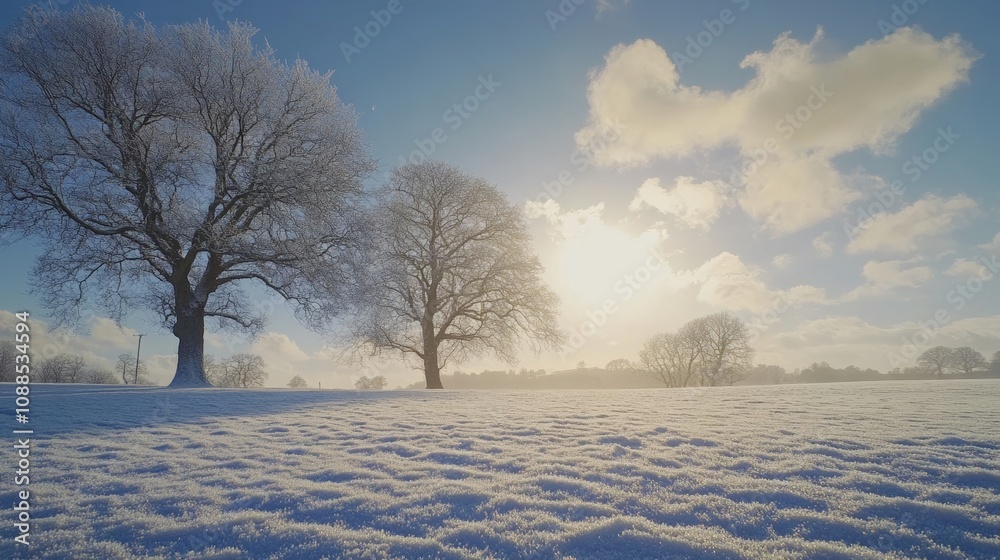 A serene winter landscape with snow-covered fields and bare trees under a bright blue sky and soft clouds at sunrise. A serene winter landscape with snow-covered fields and bare trees under a bright blue sky and soft clouds at sunrise.