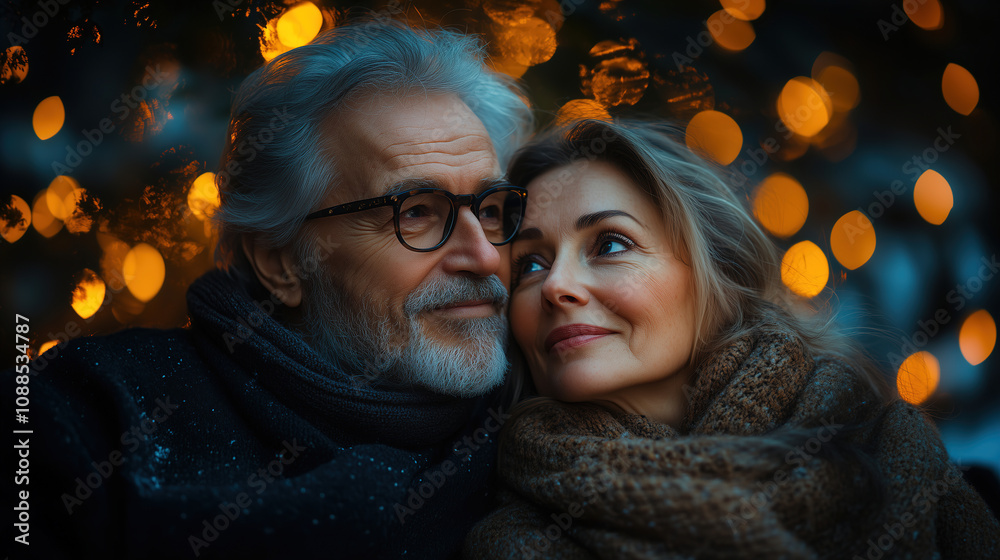 Couple enjoys a cozy moment together under warm glowing lights during a winter evening. Generative AI Couple enjoys a cozy moment together under warm glowing lights during a winter evening. Generative AI